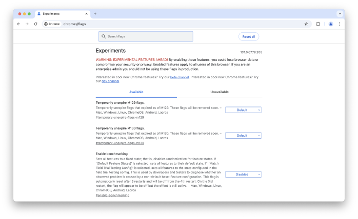 Chrome feature flags