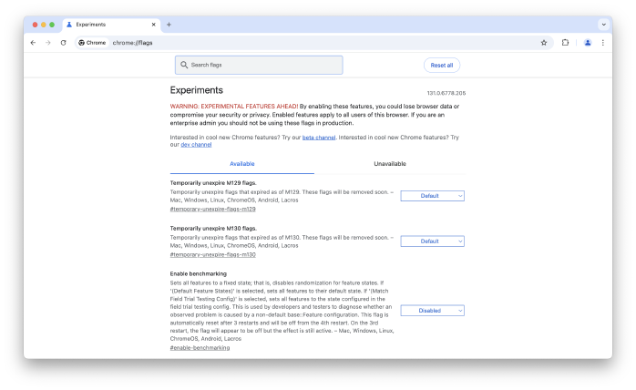 Chrome feature flags